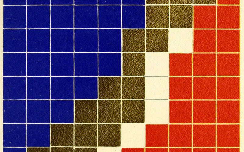 A ten-by-ten grid of coloured squares — blue, olive, red and gold — recording the proportions of colour in a panel of the Alhambra.