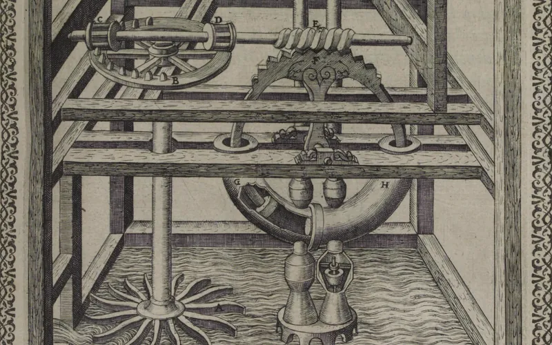 Sixteenth-century engraving of a pump inside a timber frame: a water wheel drives gears that lift water through pipes into a tank above.